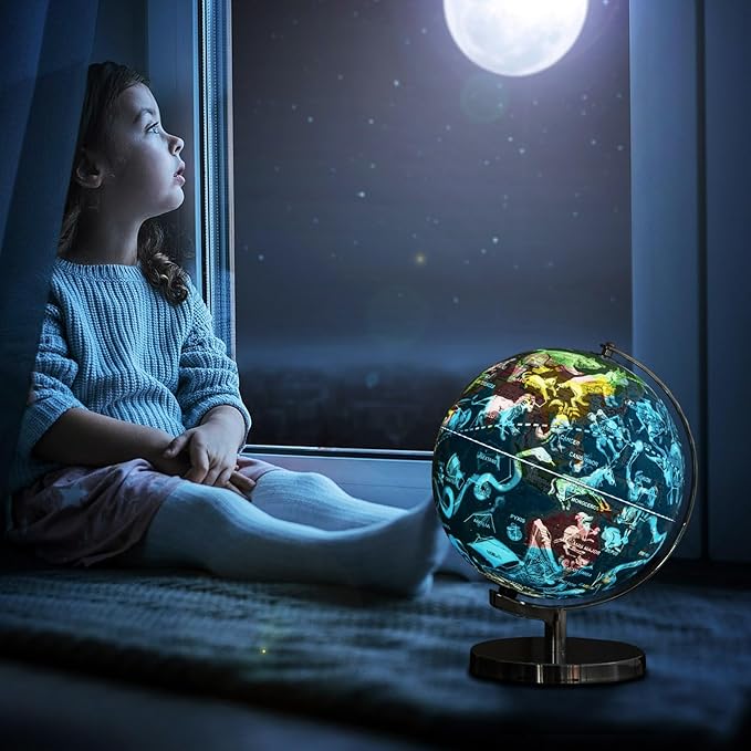 Goplus Illuminated Globes of The World with Stand, 9’’ Rotating 3 in 1 World Globe w/Constellation Stars, LED Night Light, Geography Educational Globe for Classroom, Office, Decorative, Kids Learning