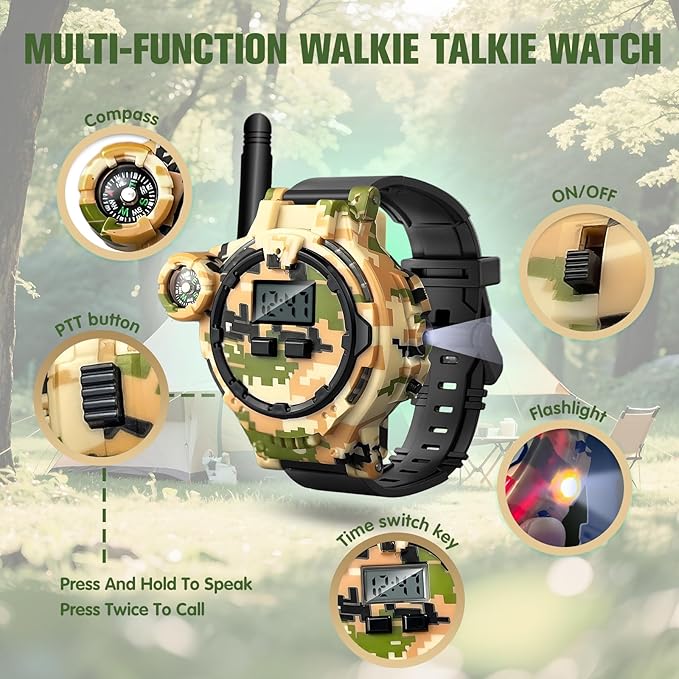 Walkie Talkies for Kids Rechargeable 2 Pack, Long Range Camo Walkie Talkie for Boys Age 8-12, Wrist Walkie Talkie Spy Watches for Kid, Kids Walkie Talkies 2 Pack for Christmas Birthday Gift