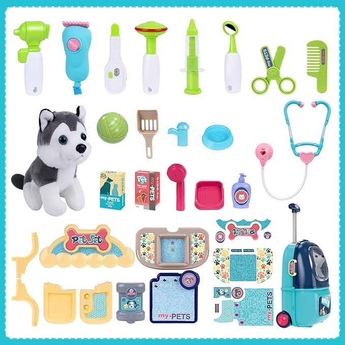 MAGIC4U Pet Cat Care Carrier Suitcase Toy, 29PCS Doctor Vet Kit for Kids, Pet Dog Grooming Feeding Toys, Veterinarian Pretend Play Set, Gifts for Boys and Girls Ages 3-12