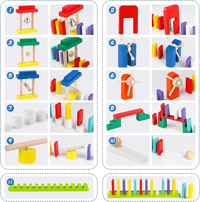 Wondertoys 600 PCS Dominoes Set for Kids Wooden Building Blocks 6 Colors Bulk Dominoes Racing Tile Games Educational Toy for Kids Birthday Party with 11 Add-on Blocks and 1 Storage Bag