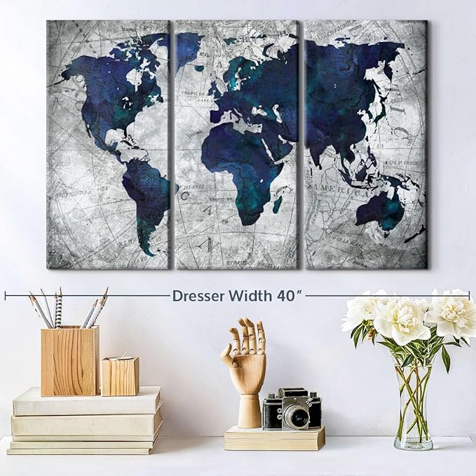 ElephantStock Deep Blue World Map Multi Piece Canvas - 3 Panel Wall Decor - Map of the World Art - Canvas for the Office and Home - 33" X 20"