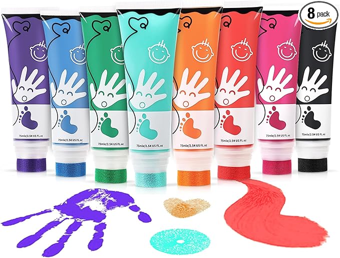 Washable Finger Paint for Toddlers, 8 Colors Large Capacity (2.54fl Oz) with Sponge Tip, Non-Toxic Baby Safe Paint for Hand and Feet, Art Supplies, Preschool Learning Gifts, Ages 1-3 4 5 6+
