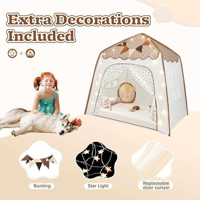 Toddler Bed Tent, Kids Play Tent with Flags, Star String, Portable Bed Canopy for Boys & Girls, Children, Indoor Outdoor Dome Playhouse, Brown Dots & Floral Pattern, 51" x 39" x 51"