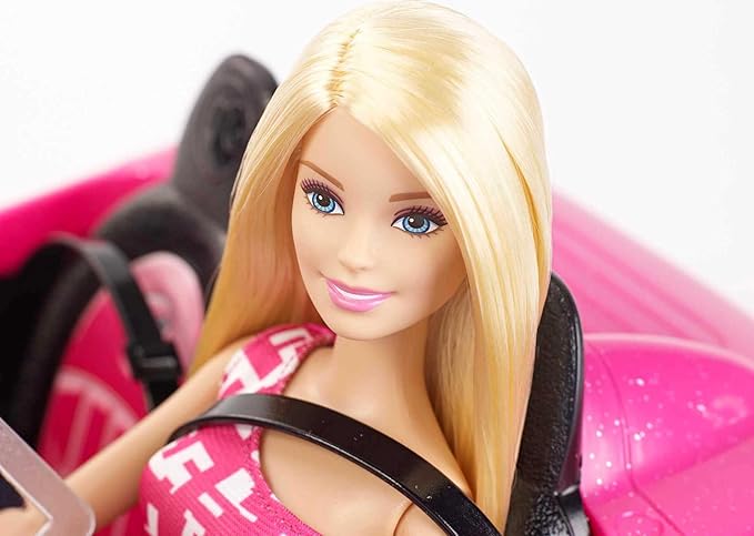 Barbie Playset with Sparkly Pink 2-Seater Toy Convertible Car Featuring Glam Details & Fashion Doll in Sundress & Sunglasses (Amazon Exclusive)