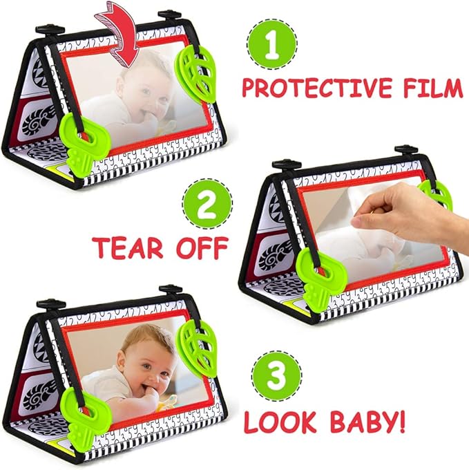 teytoy Tummy Time Baby Mirror Toys with Teethers, Double Black and White High Contrast Baby Toys 0-6 Months, Foldable Floor Sensory Development Toys for Infants Newborn
