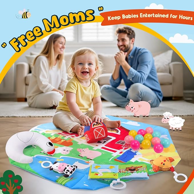 Farm Animal Baby Gym Play Mat, 9-in-1 Tummy Time Mat with 7 Baby Toys, Washable Baby Activity Mat for Visual, Sensory, Motor Development, Newborn Baby Toys Gift for Toddler 0-3-4-6-9-12 Months