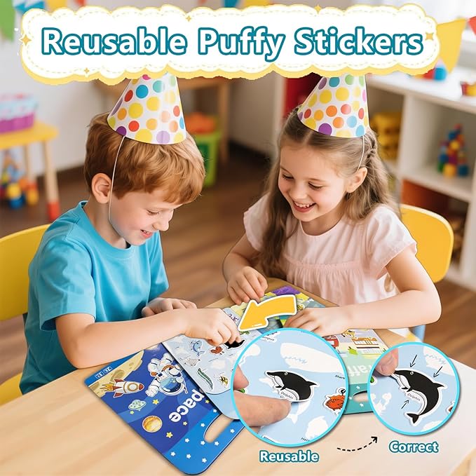 3 Pack Reusable Sticker Books for Kids, Waterproof Puffy Stickers - Match The Shape and DIY Scene, Toddler Travel Essential Quiet Time Activities Toys - Ocean, Vehicles and Space (2-6 Age)