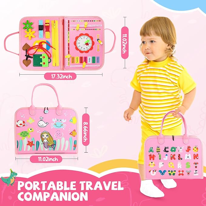 Toddler Busy Board, Montessori Sensory Toys for Boys, 1-4 Year Old Girl Toddler Travel Toys, Educational Learning Activities Board for Motor Skills, Birthday Gifts for Airplane Car, Pink
