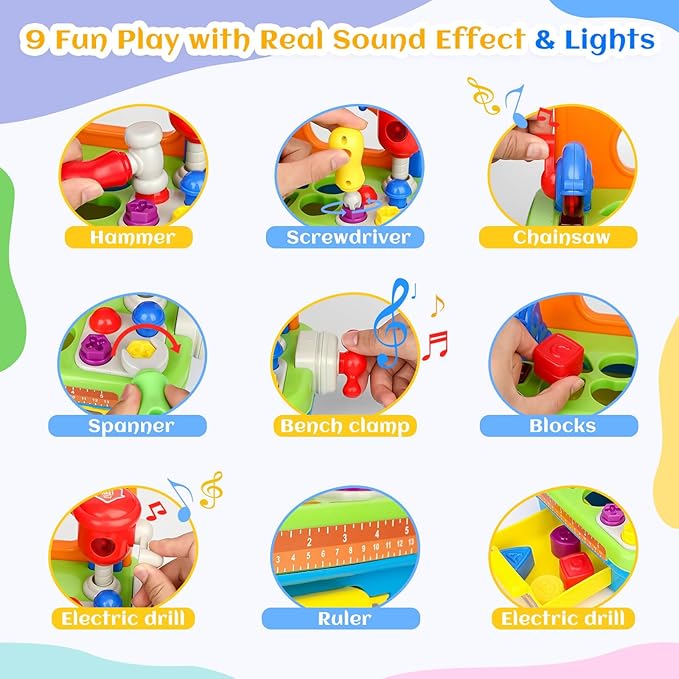 Cinne Toddler Tool Set Age 1-2, Toys for 1 Year Old Boy Gifts, Baby Workbench with Light & Sound, Baby Tool Set with Shape Sorter