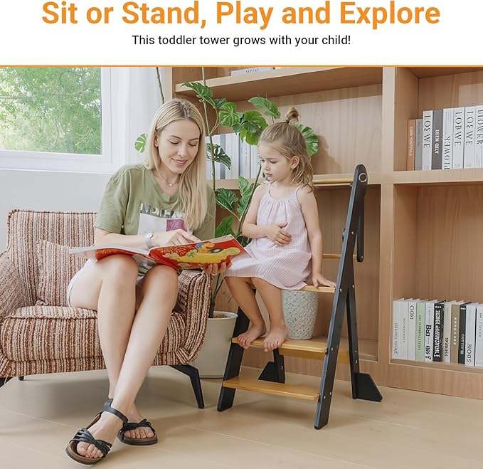 COSYLAND Foldable Toddler Kitchen Stool Helper - Height Adjustable Standing Tower for Bathroom Sink or Kitchen Counter - Step Stool for Toddlers Ages 18 Months to 6 Years Natural
