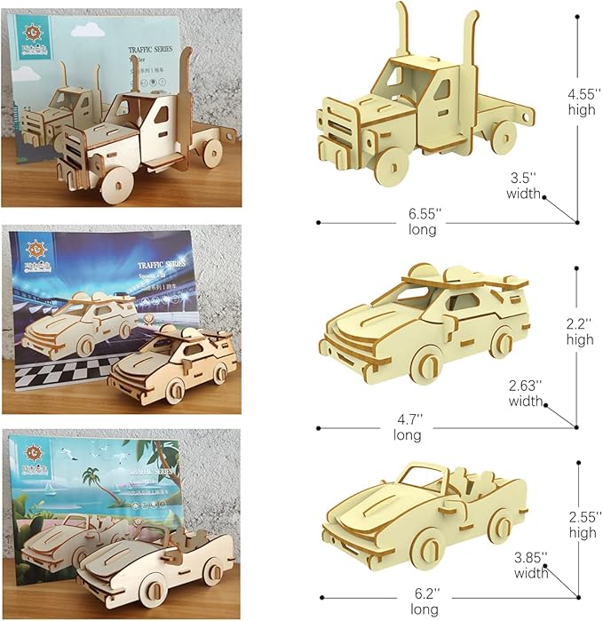 3D Wooden Puzzle - 6 Piece Set Wooden Car Brain Teaser Puzzle - DIY Assembly Car Building Model Kits - Wood STEM Toys Gifts for for Adults & Teens Birthday Gifts Christmas