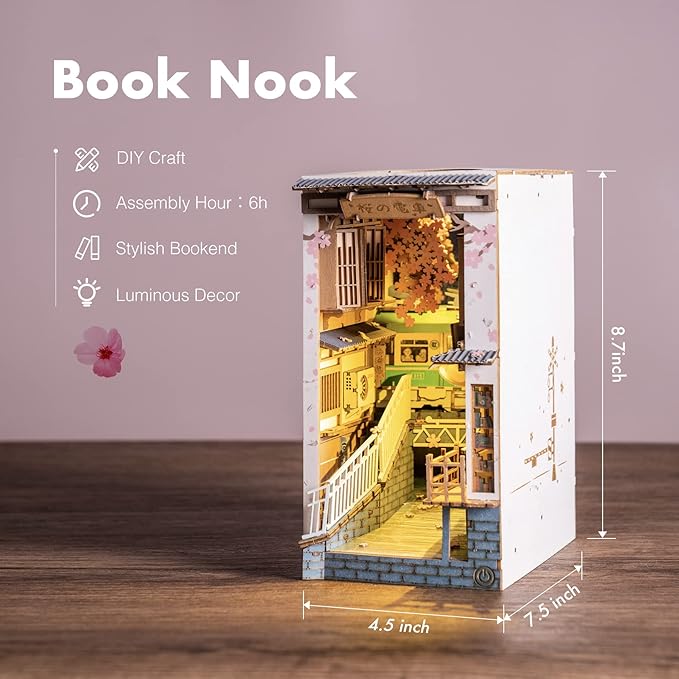 ROBOTIME DIY Book Nook Kit DIY Miniature Dollhouse Booknook Kit 3D Wooden Puzzle with LED Light,Decorative Bookend Bookshelf Insert Decor for Teens and Adults (Sakura Tram)