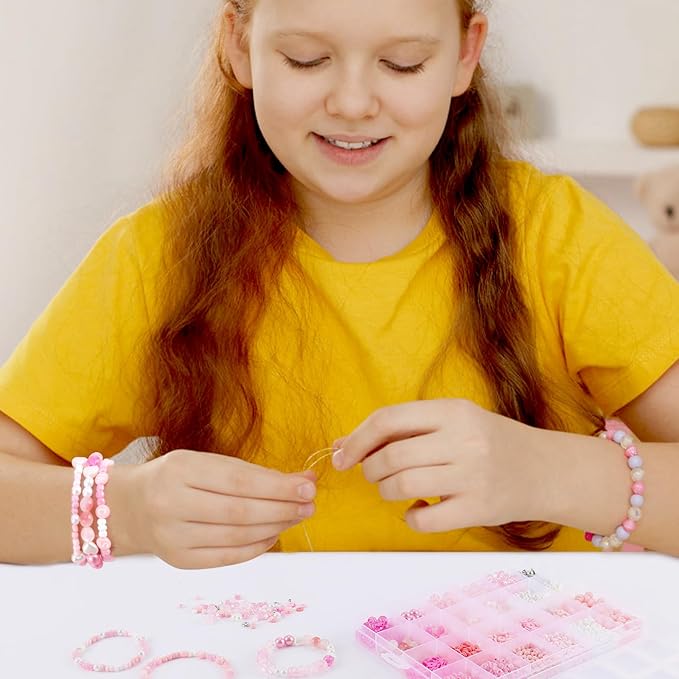 3500Pcs Heishi Bead ，Pink Beads Bracelet Making Kit ，6 Kinds of Unique Pink Glass Seed Bead Friendship Bracelet Beads for Jewelry Making
