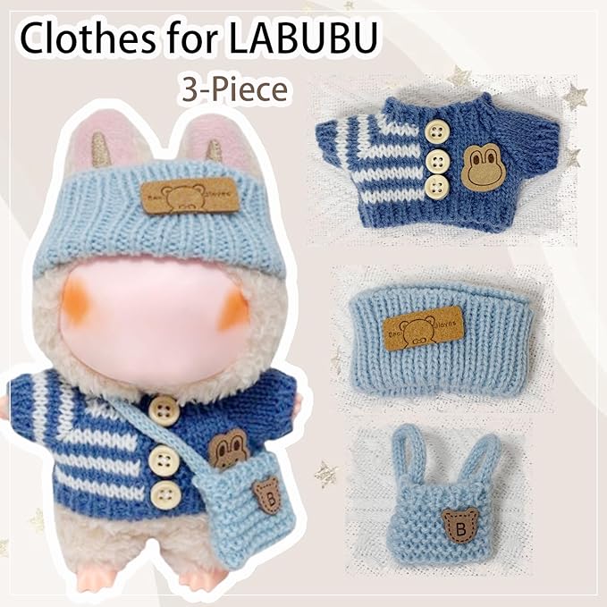 Clothes for 17cm Dolls Accessories Crochet 3 Piece Set Outfits for Doll(Blue Sweater)