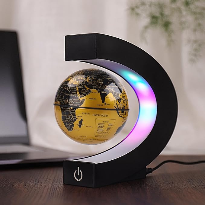Floating Globe with Colored LED Lights C Shape Anti Gravity Magnetic Levitation Rotating World Map with Touch Switch for Gift Home Office Desk Decoration With Switch (Gold)