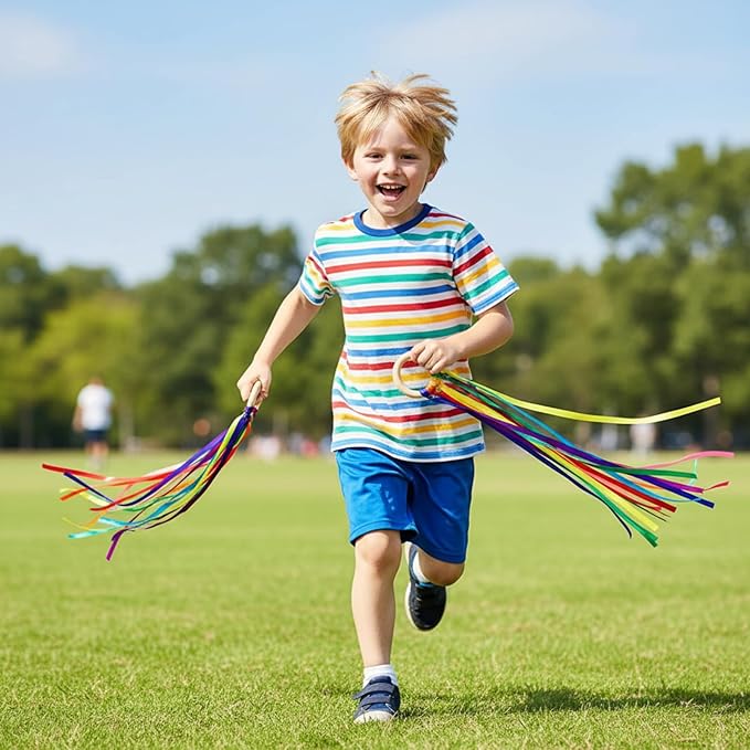 Junkin Ribbon Rings Hand Kite Waldorf Toys Dancing Wrist Ribbons Rainbow Streamers with Wood Ring Educational Toy for Playroom Dancing Birthday Party Gift(Bright Color,24 Pcs)