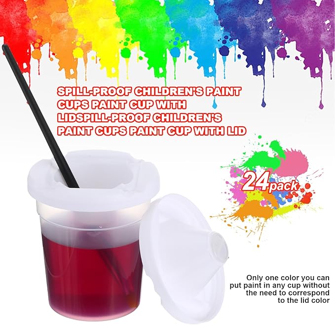 24 Packs No Spill Paint Cups with Lids for Painting Activities Reusable Spill Proof Paint Cups for Home Arts Crafts Supplies
