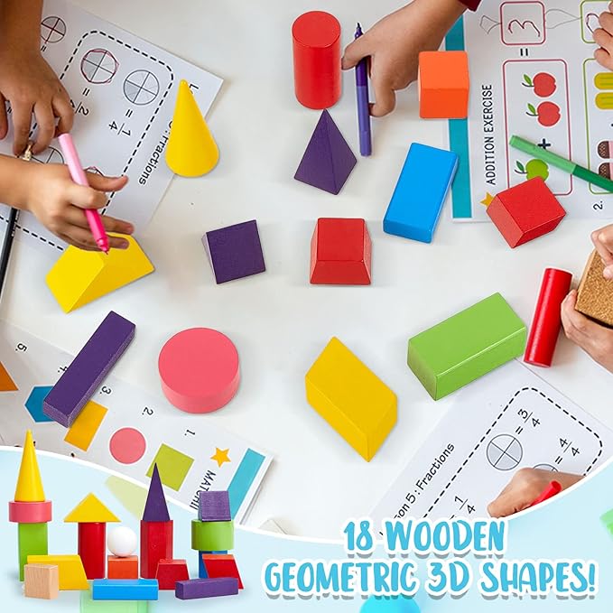 Deekin 18 Pcs Large 3D Shapes for Teaching Math Manipulatives Geometric Solids Blocks Montessori Learning Toys Blocks Solid for Preschool Elementary Kindergarten Home School Supplies (Wooden Shape)