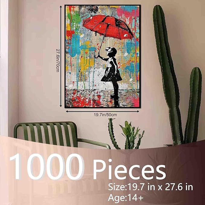 Tucocoo Red Umbrella Girl Jigsaw Puzzle 1000 Pieces Puzzles for Adults, Abstract Banksy Style Jigsaw Puzzles for Challenging Family Activity Games Colorful DIY Handwork Puzzle for Home Decor Gifts