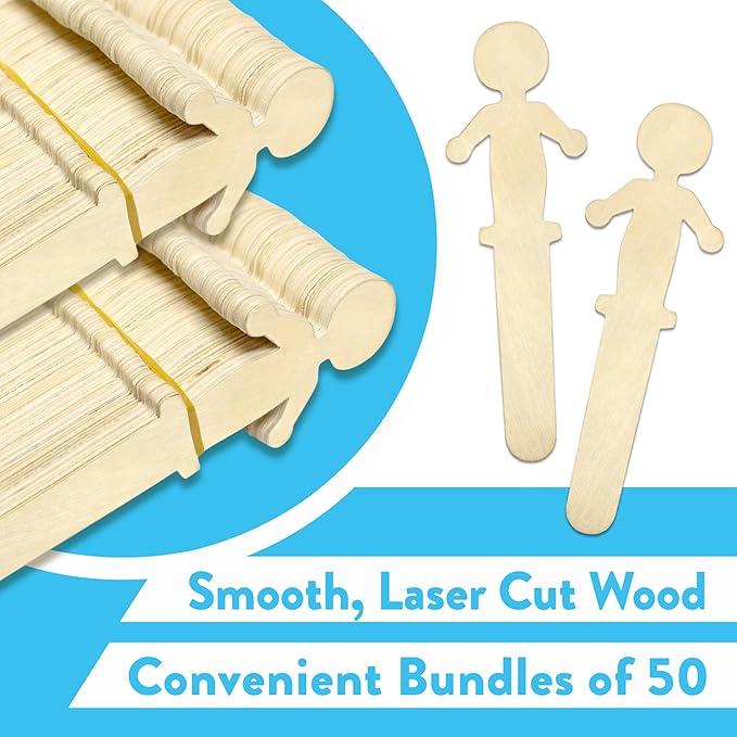 100 Pack People Shaped Wooden Craft Sticks, 5.25" Person Shape Wood Popsicle Sticks, Unisex Student Classroom Crafts DIY Sticks