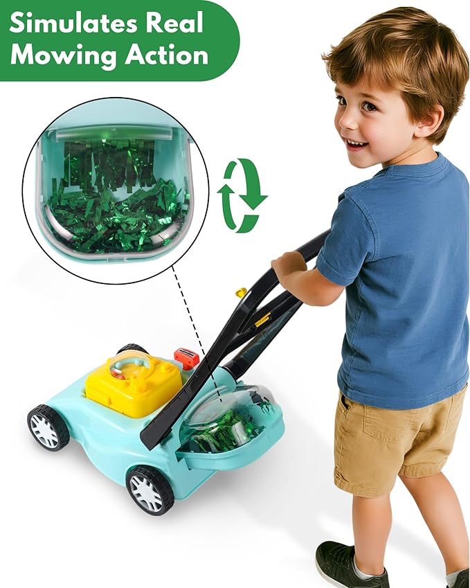 Kids Lawn Mower with Realistic Grass-Cutting Action and Sounds – No Batteries Required | Fun Outdoor Push Toy, Birthday Gift & Halloween Present for 3, 4, 5, 6, 7, 8 Year Old Boys and Girls (Blue)