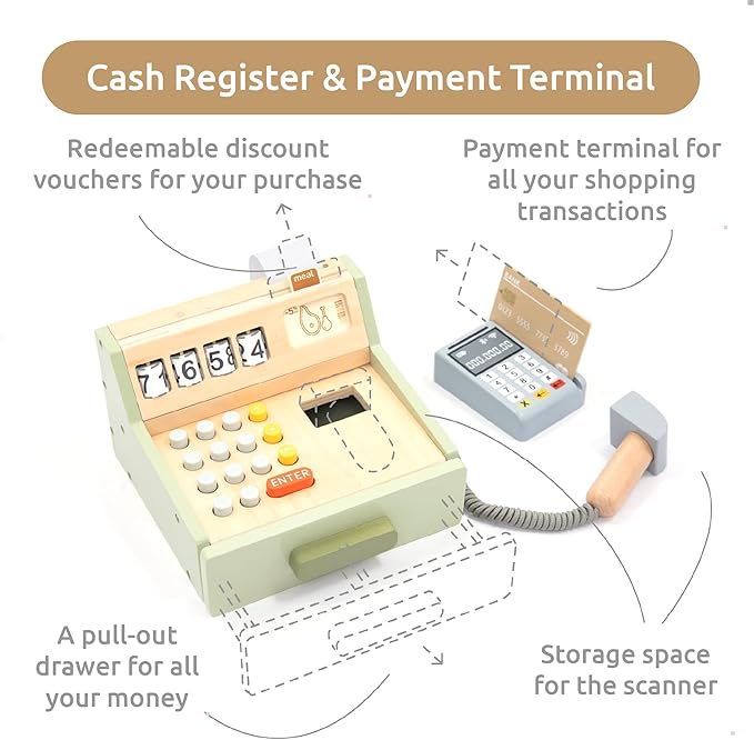 UMU® Wooden Cash Register for Kids - Includes Accessories (Scanner, Payment Terminal, Play Money, etc.), Role Play Shop & Accessories for Children Ages 3 4 5 6