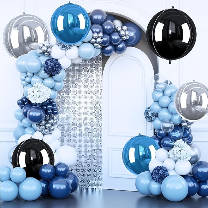 Blue and Silver Giant Foil Balloons, 6 Pcs Large Metallic Blue Silver Black Round Balloons, 22 Inch Big Round Foil Balloon for Birthday Party Baby Shower Graduation Decorations