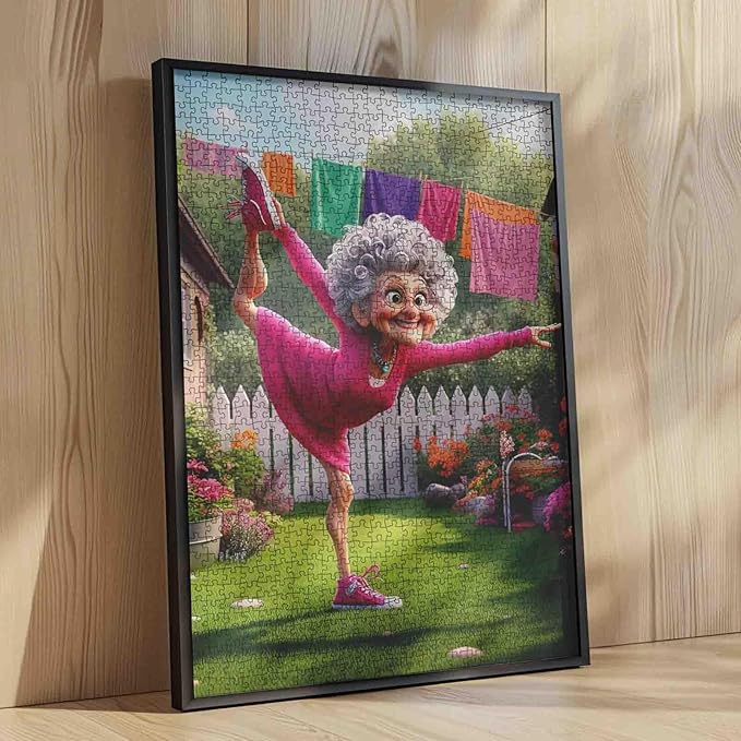 Funny Cartoon Granny Jigsaw Puzzle for Adults 1000 Piece Colorful Backyard Scene Elderly Lady Doing Yoga in Garden 20×27 Inches Puzzles Fun Brain Game for Family and Friends Stress Relief