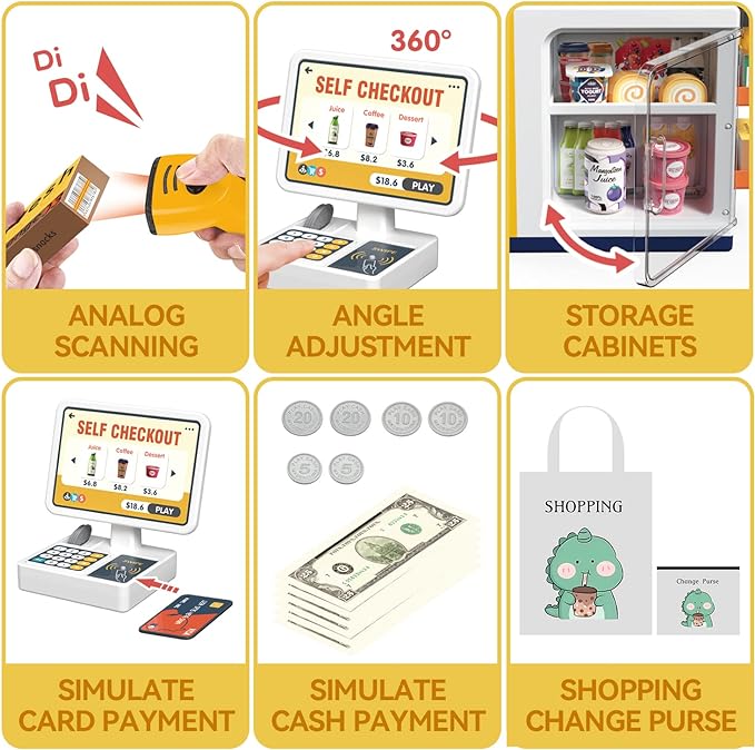 Cash Register Playset for Kids - 48PCS Pretend Play Money, Calculator, Scanner, Credit Card and Play Food for Boys and Girls Ages 3+ (668-125)