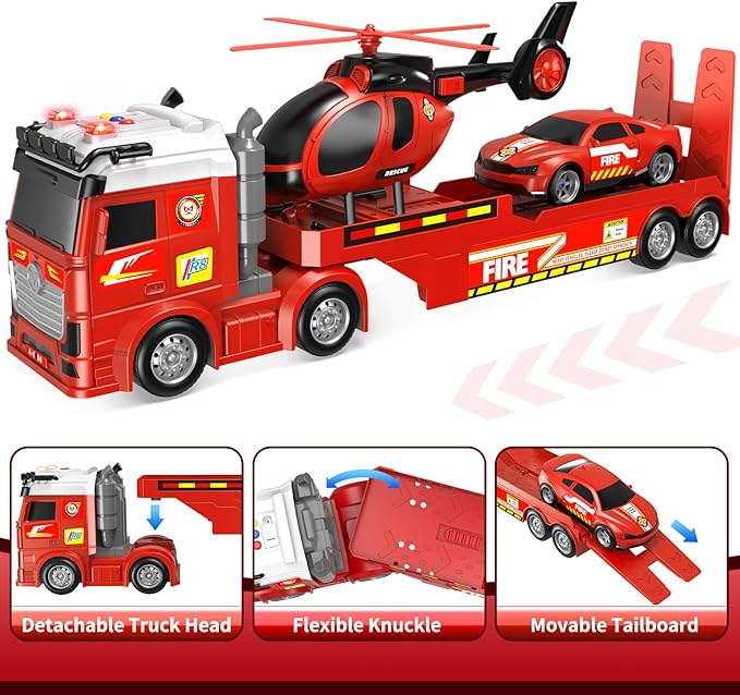Kids Toys for Ages 3 4 5 6 7 8 Years Old Boys, 25" Large Fire Semi Truck with Helicopter & Race Car, Friction Powered Vehicle with Lights & Sounds,Birthday Gift for Boys Girls