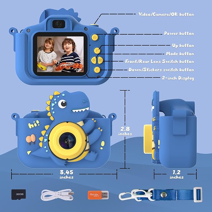 Dinosaur Kids Camera, Toddler Camera, Christmas Birthday Gifts Toys for Boys Age 3-12 Years, HD Selfie Kid Digital Camera with 32GB Card, Dinosaurs Toys for Kids 3 4 5 6 7 8 Years Old Gift (Blue)