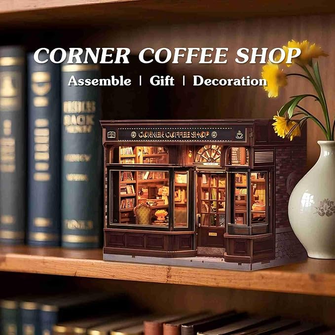 Fsolis Book Nook Kit - DIY Scene Miniature Kit, 3D Wooden Puzzles for Adults, 294 Pieces, Tiny House Booknook Craft Bookshelf Diorama Decor, Gifts for Women Teenagers Book Lovers (Corner Coffee Shop)