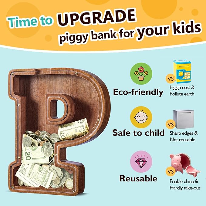 Summidate Customized Name Extra Large Wooden Piggy Bank for Kids Boys Girls Alphabets Letter A-Z Coins Bills Money Change Saving Box Clear Cover (Laser Engraved) Educational Toys 12"- Letter P