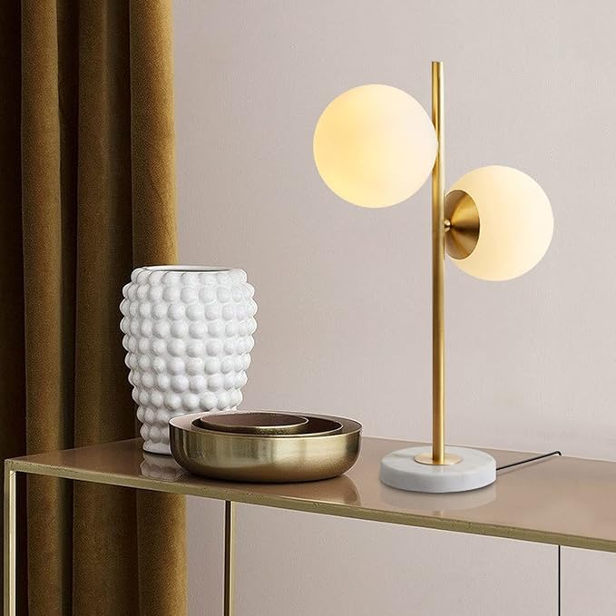 KCO Lighting Mid-Century Modern Table Lamp 2-Light Frosted Glass Globe Desk Lamp with Brushed Brass Finished Nightstand Bedside Lamp