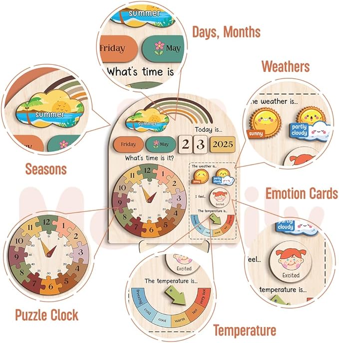 Interactive Calendar for Kids Ages 3+, Wooden Toddler Calendar, Teaching Seasons, Years, Months, Days of Week, Daily Activity Calendars for Kid Preschool & Homeschool (04 - Rainbow)