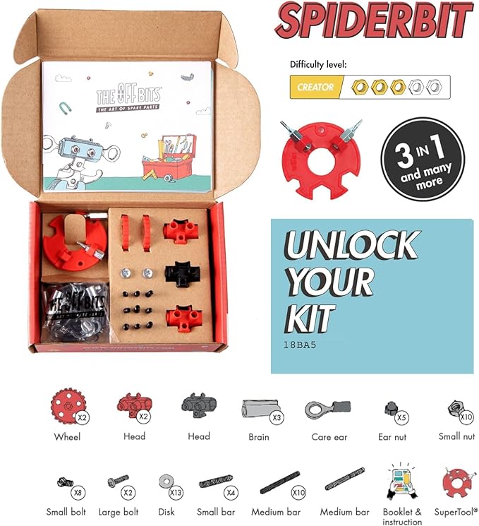 The Off Bits Erector Set: Animal Mini STEM Toys for Kids 6+, Toy Building Sets with Nuts & Bolts, STEM Building Toys Gifts for Boys and Girls (Red Spider)