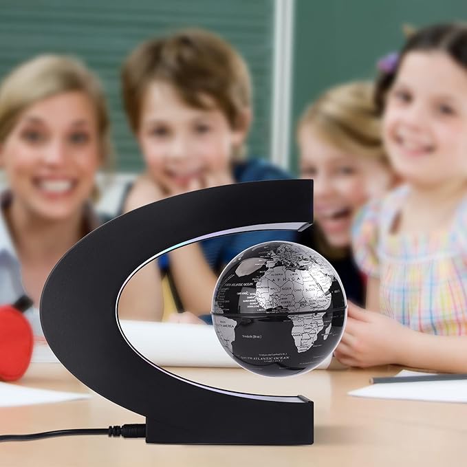 Floating Globe with Colored LED Lights C Shape Anti Gravity Magnetic Levitation Rotating World Map with Touch Switch for Gift Home Office Desk Decoration With Switch(Black)