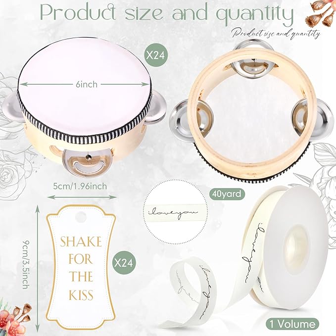24 Set 6 Inch Tambourine for Adults Wooden Hand Held Drum with Metal Jingles, Gift Tags, White I Love You Printed Ribbon Percussion Gift Musical Instrument for Church Wedding Party Favor