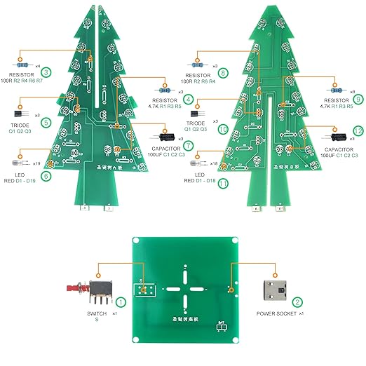Soldering Practice Kit 5in1 DIY RGB LED 3D Xmas Tree Electronic Organ Metal Detector Adjustable Flash LED 16 Sounds Music Box Plug-in Circuit Kit Learn Soldering Kit for Beginners (05SDS5-1)