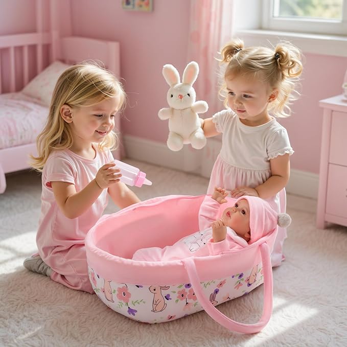 BABESIDE 8 Pcs Reborn Baby Doll Clothes with Bassinet for 17-22 Inch Baby Dolls, Baby Dolls Clothes Doll Accessories Set with Bunny Toy for Newborn Baby Dolls Girl (Not Doll)