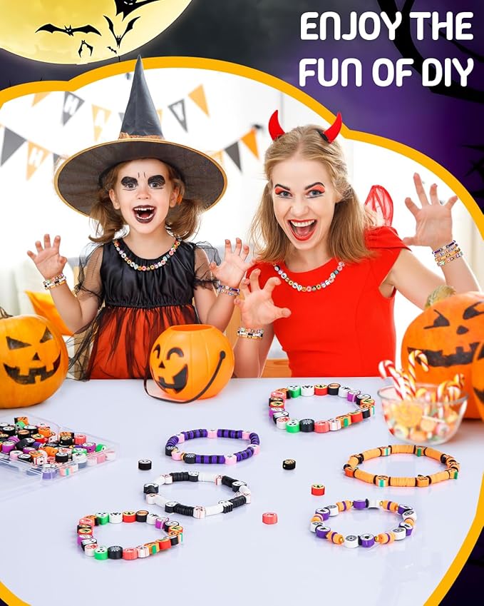 Taybonds Halloween Polymer Clay Beads 108pcs Spooky Designs Ghost Pumpkin Spider Polymer Clay Beads for Women Jewelry Making DIY Charms Bracelet Necklace
