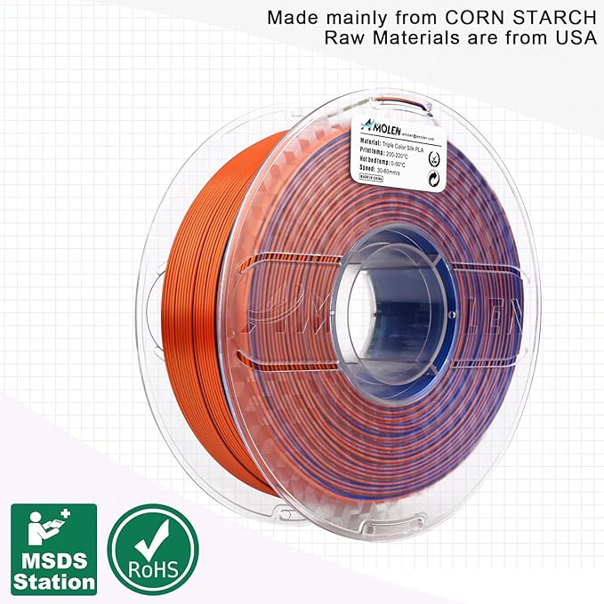 AMOLEN Silk PLA 3D Printer Filament, Tri Color Blue Green Orange PLA 1.75mm, Shiny Multi Color Change Filament 3D Printing PLA Filament for Most FDM 3D Printer, 1kg Spool(2.2lbs)