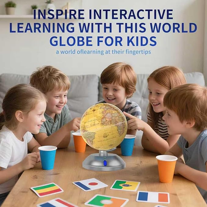 360° rotating globe, independently supported by a beautiful silver plastic base with a switch, 9-inch design, built-in LED night light, color high-definition visual map details, children's geography education, study and office decoration, living room d...