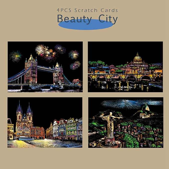 Georgie Porgy Scratch Paper Art A4 Set for Kids Adults Magic Rainbow Scratch Postcards Boards for DIY Arts and Crafts Kits Christmas Birthday Gift with Scratching Tools Kit (Beauty+Fireworks City)