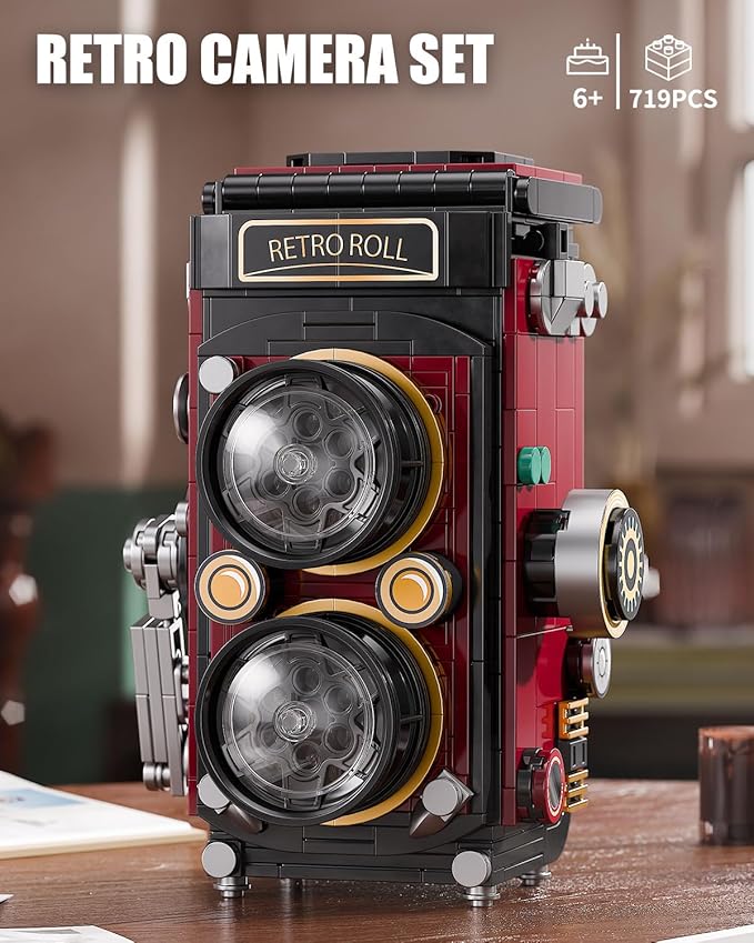 Retro Camera Building Blocks Sets with Lights, DIY Camera Building Toys with Twin-Lens Reflex Design, Unique Collectible Model for Home Decor, Birthday Gift for Adults Boys Age 8-12(719Pcs)