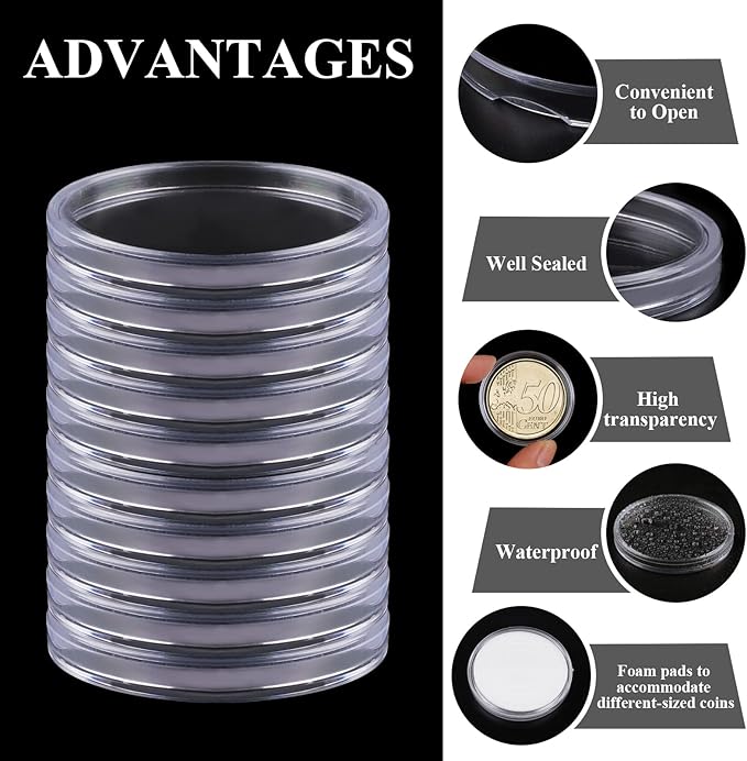 Utron 180P Clear Plastic Coin Capsules, Dollar Coin Holder, 40mm Silver Coin Storage for Collectors, Morgan Silver Dollar Coin Holders with Adjustable Gasket (17/20/25/27/30/33/38/40mm) (60P)