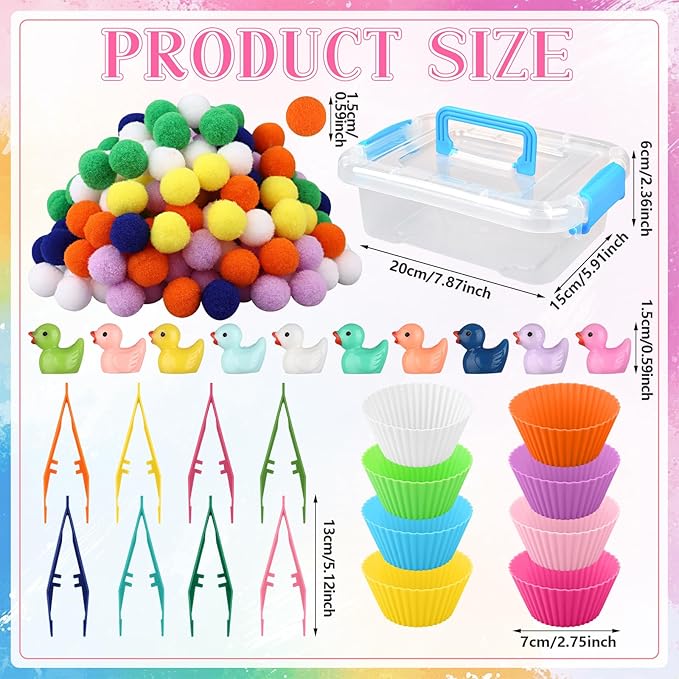 217 Pcs Duck Sensory Bin Filler Fine Motor Toys Counting Sorting 100 Felt Pompoms 100 Mini Duck Figures 8 Tweezers 8 Silicone Plates 1 Storage Box, for Counting Sorting DIY Crafts (Duck)