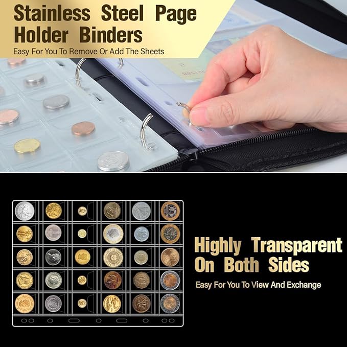 Coin Collection Book- 300 Coins Pockets+30 Bills Pockets, Coin Collection Supplies Holder for Collectors, Coin Album Binder Storage Box Case for Money Currency