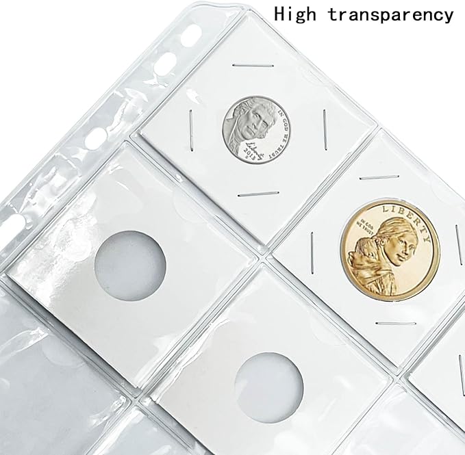 200 PCS Cardboard Coin Flips with 10 Sheets Coin Pocket Pages, 4 Assorted Sizes 2" x 2" Cardboard Coin Holders Coin Flips Coin Collection Supplies for Dime, Dollars, Penny, Quarter, Nickels Collecting