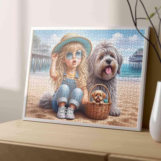 Tucocoo 1000 Piece Jigsaw Puzzle for Adults, Beach Scene with Girl, Dogs and Basket – Summer Coastal Puzzle – Whimsical and Relaxing Art Puzzles for Adults, DIY Fun Brain Challenge Gift Home Decor